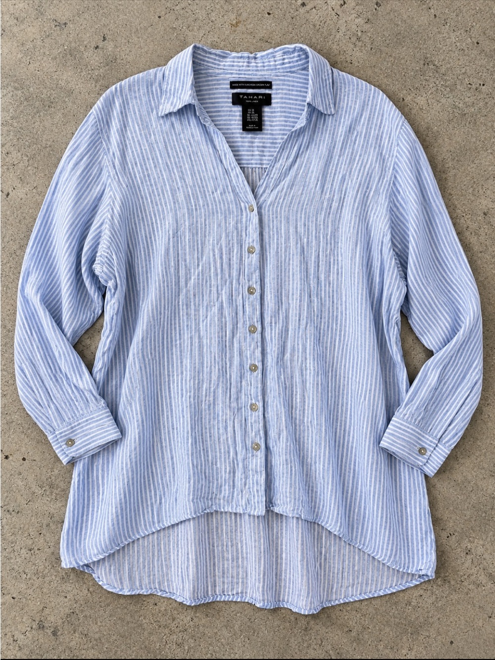 Tahari 100% Linen Striped Tunic Shirt Woman 2X Blue White Roll Sleeve Coastal